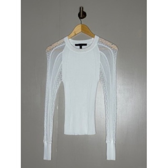 White House Black Market White Ribbed Mixed Lace Mesh Long Sleeve Top XS - Picture 2 of 4